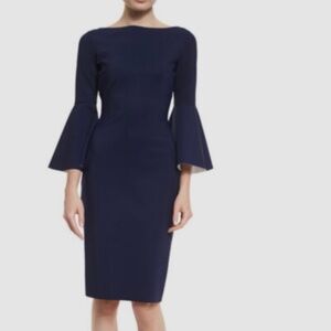 Chiara Boni Natalia Dress Sz 38 Navy Bell Sleeve Bateau Neck Stretch